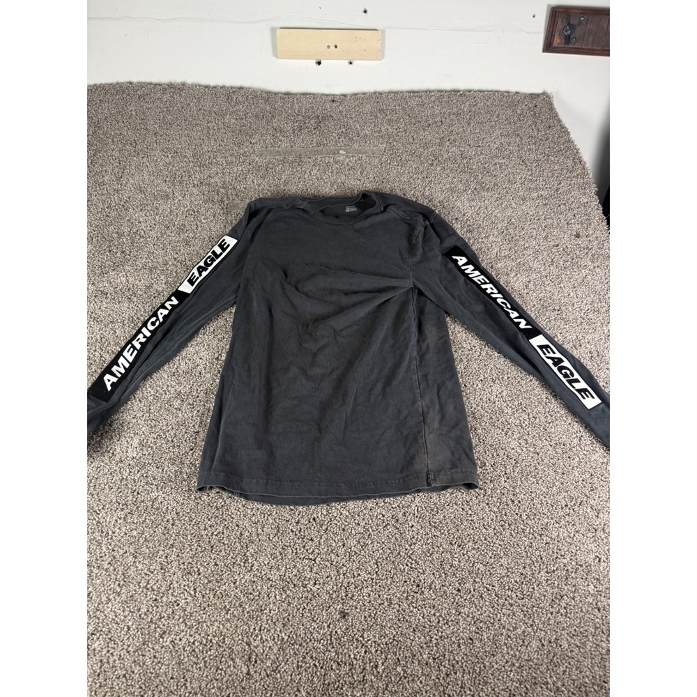 American Eagle Mens XS Long Sleeve Graphic T-Shirt Faded Black Logo Standard Fit